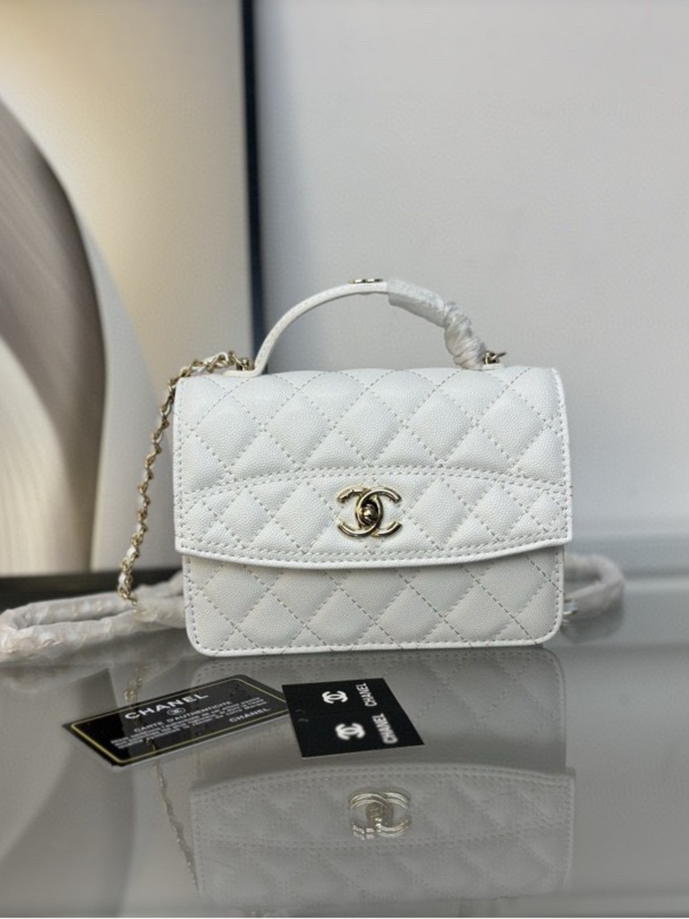 CHANEL White Quilted Mini Top-Handle Bag with Gold CC